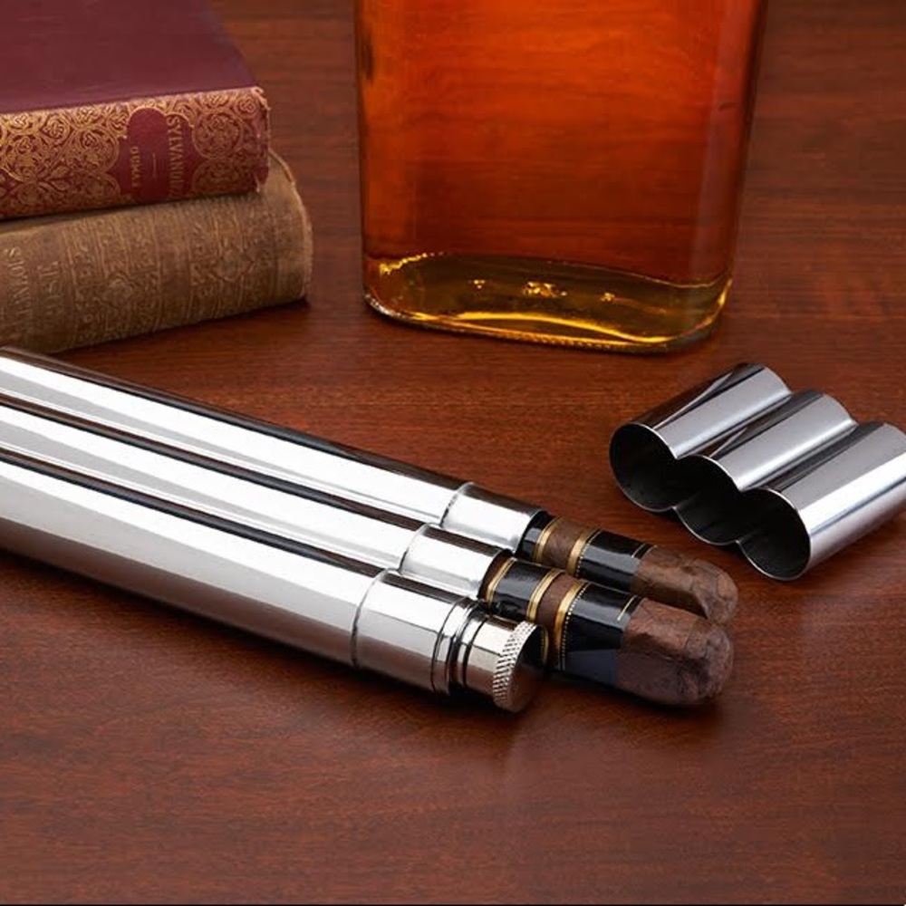 2oz Stainless Steel Flask with 2 Cigar Tubes